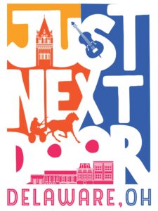 A logo that reads "Just Next Door". Each quarter is a different color. Bright yellow, orange, hot pink, and royal blue. 