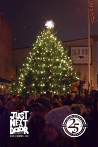 A 20-ft tall christmass tree is in an outdoor square with a crowd of people at night. The tree is strung with white glowing lights, and classic red, green, and gold ornaments.